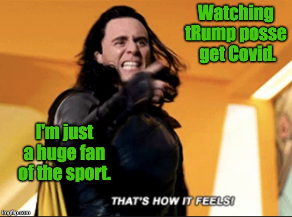 I'm not proud | Watching tRump posse
 get Covid. I'm just a huge fan of the sport. | image tagged in loki,ragnarok,covidiots | made w/ Imgflip meme maker