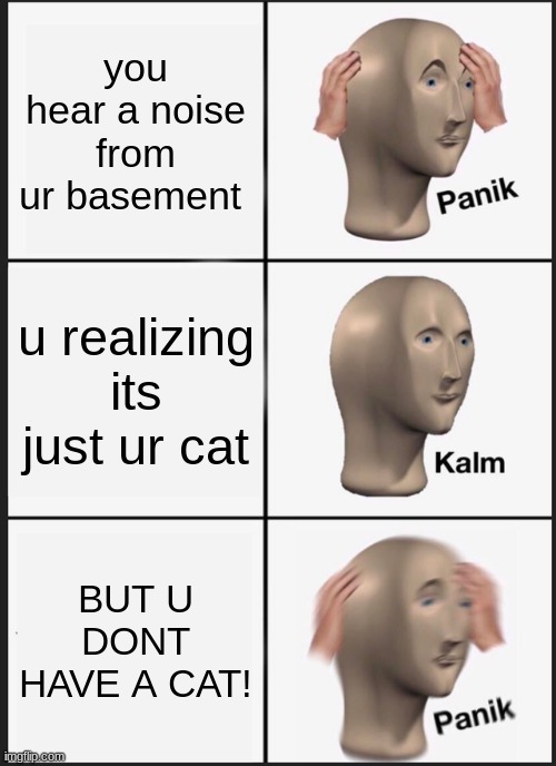 Panik Kalm Panik Meme | you hear a noise from ur basement; u realizing its just ur cat; BUT U DONT HAVE A CAT! | image tagged in memes,panik kalm panik | made w/ Imgflip meme maker
