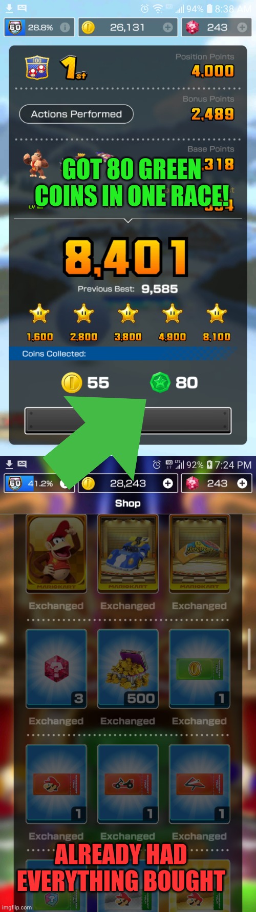 WISH I WOULD HAVE GOTTEN THAT MANY EARLIER | GOT 80 GREEN COINS IN ONE RACE! ALREADY HAD EVERYTHING BOUGHT | image tagged in mario kart tour,mario kart,coins | made w/ Imgflip meme maker
