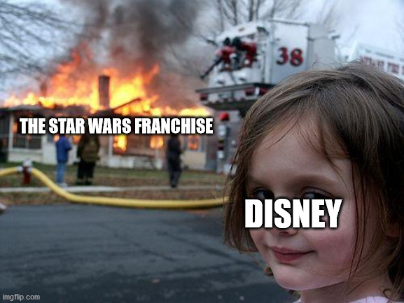 Disney Logic: Star Wars | THE STAR WARS FRANCHISE; DISNEY | image tagged in memes,disaster girl,star wars | made w/ Imgflip meme maker