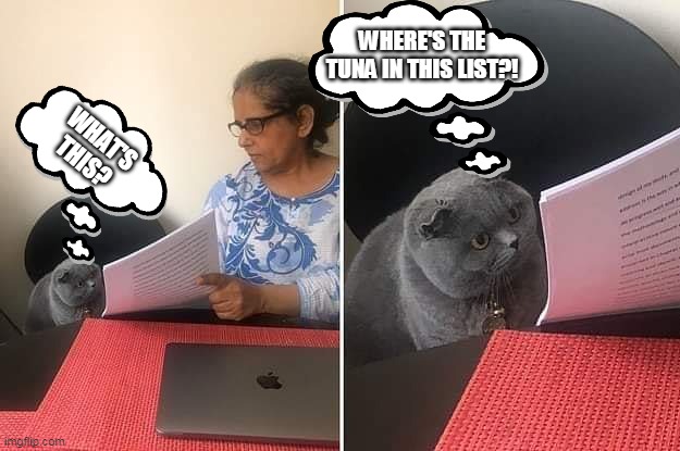 The only important thing to a cat | WHERE'S THE TUNA IN THIS LIST?! WHAT'S THIS? | image tagged in shopping,tuna,cat,memes | made w/ Imgflip meme maker