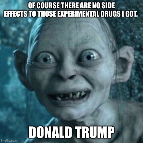 Gollum | OF COURSE THERE ARE NO SIDE EFFECTS TO THOSE EXPERIMENTAL DRUGS I GOT. DONALD TRUMP | image tagged in memes,gollum | made w/ Imgflip meme maker