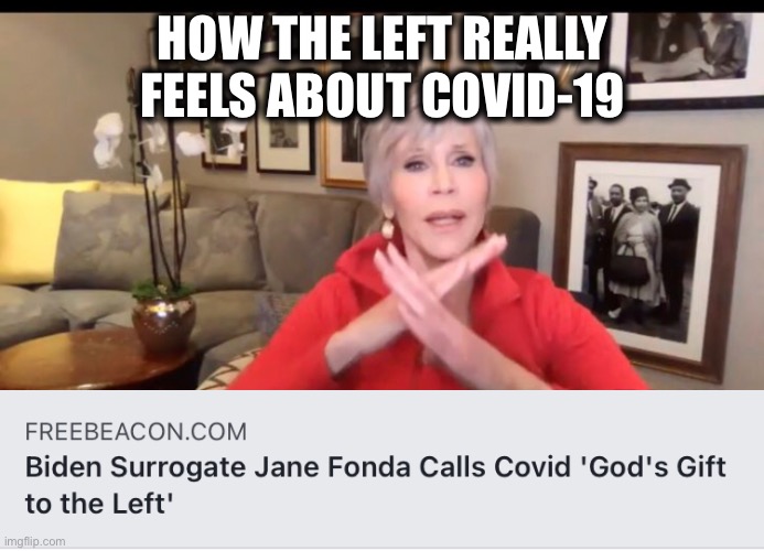 If you don’t believe me, look it up. It’s a real video with Fonda in her own words. | HOW THE LEFT REALLY FEELS ABOUT COVID-19 | image tagged in hanoi jane fonda,democrats,covid-19,liberal logic,memes,joe biden | made w/ Imgflip meme maker
