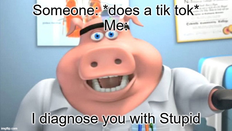 T I K T O K I S S T U P I D | Someone: *does a tik tok*
Me:; I diagnose you with Stupid | image tagged in i diagnose you with dead | made w/ Imgflip meme maker