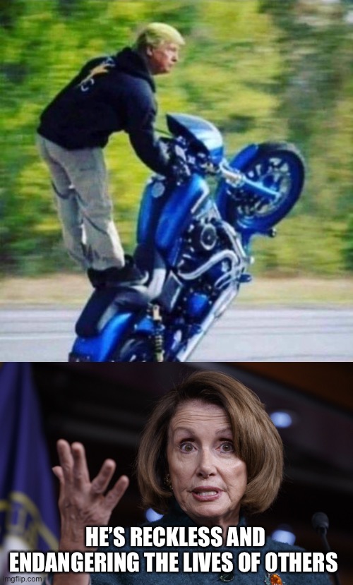 HE’S RECKLESS AND ENDANGERING THE LIVES OF OTHERS | image tagged in good old nancy pelosi,donald trump | made w/ Imgflip meme maker