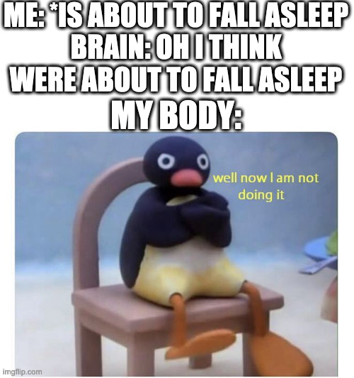true facts | ME: *IS ABOUT TO FALL ASLEEP
BRAIN: OH I THINK WERE ABOUT TO FALL ASLEEP; MY BODY: | image tagged in well now i am not doing it | made w/ Imgflip meme maker