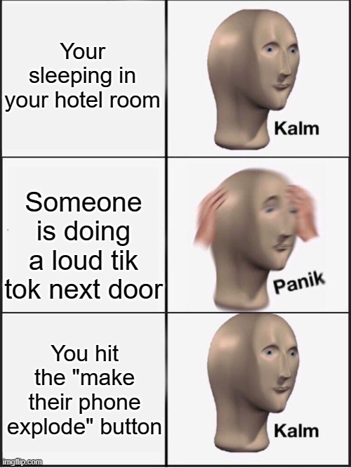 N O M O R E T I K T O K | Your sleeping in your hotel room; Someone is doing a loud tik tok next door; You hit the "make their phone explode" button | image tagged in kalm panik kalm | made w/ Imgflip meme maker