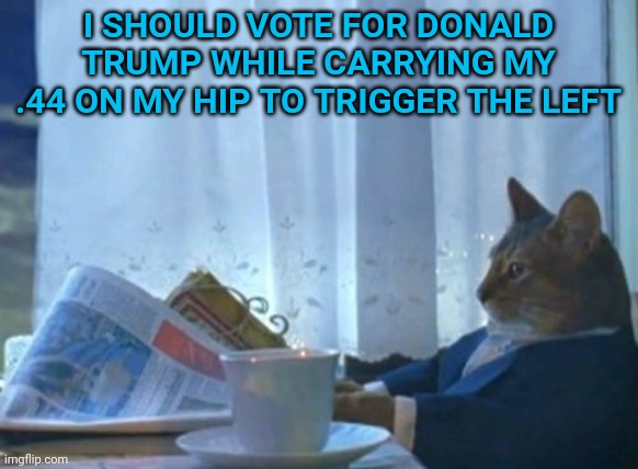 I Should Buy A Boat Cat | I SHOULD VOTE FOR DONALD TRUMP WHILE CARRYING MY .44 ON MY HIP TO TRIGGER THE LEFT | image tagged in memes,i should buy a boat cat | made w/ Imgflip meme maker