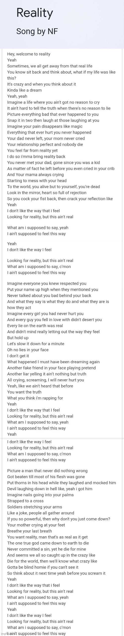 Reality NF | image tagged in reality,nf | made w/ Imgflip meme maker