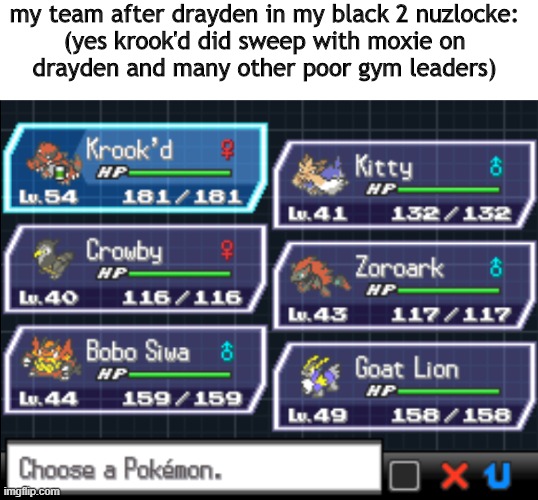 ya i beat 6 gym leaders today and i will try to beat marlon - i beat cheren (1st gym leader) a few days ago | my team after drayden in my black 2 nuzlocke:

(yes krook'd did sweep with moxie on drayden and many other poor gym leaders) | image tagged in pokemon,memes | made w/ Imgflip meme maker