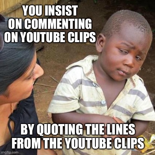 Third World Skeptical Kid | YOU INSIST ON COMMENTING ON YOUTUBE CLIPS; BY QUOTING THE LINES FROM THE YOUTUBE CLIPS | image tagged in memes,third world skeptical kid | made w/ Imgflip meme maker