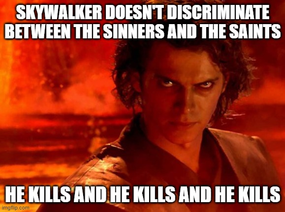 This is true | SKYWALKER DOESN'T DISCRIMINATE
BETWEEN THE SINNERS AND THE SAINTS; HE KILLS AND HE KILLS AND HE KILLS | image tagged in memes,you underestimate my power,funny,star wars,hamilton,movies | made w/ Imgflip meme maker