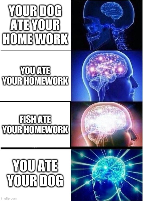 Expanding Brain Meme | YOUR DOG ATE YOUR HOME WORK; YOU ATE YOUR HOMEWORK; FISH ATE YOUR HOMEWORK; YOU ATE YOUR DOG | image tagged in memes,expanding brain | made w/ Imgflip meme maker