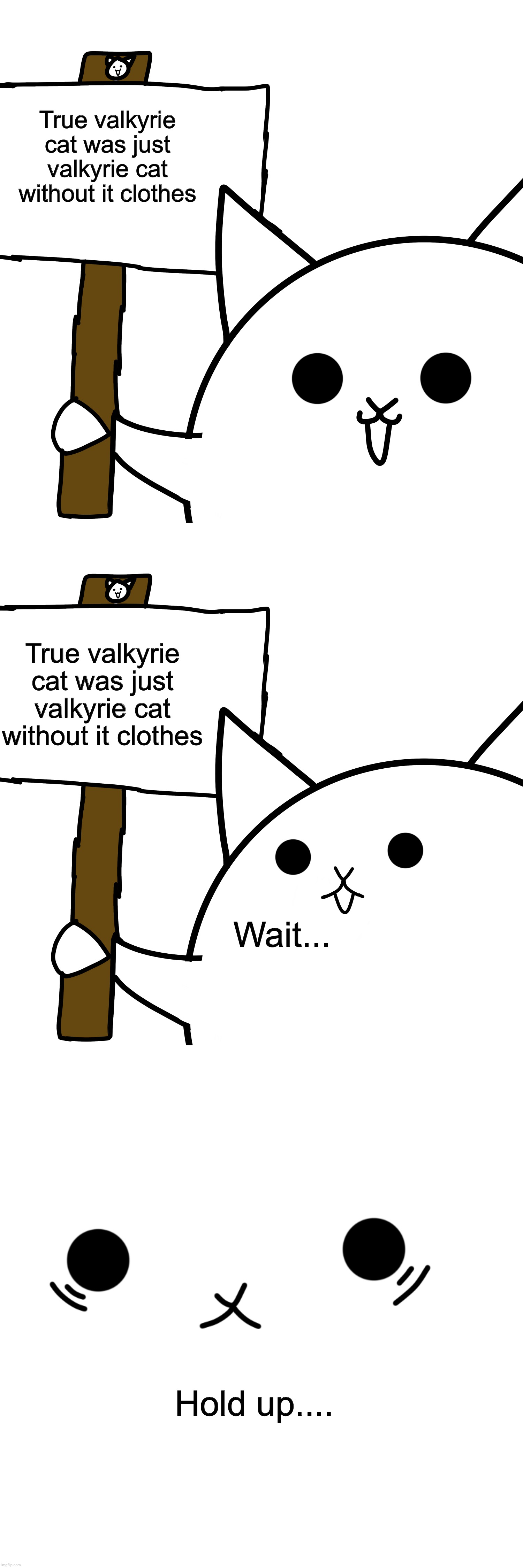 Quick fact about valkyrie cat: | True valkyrie cat was just valkyrie cat without it clothes; True valkyrie cat was just valkyrie cat without it clothes; Wait... Hold up.... | image tagged in memes,funny,the battle cats,cursed image,cursed,facts | made w/ Imgflip meme maker