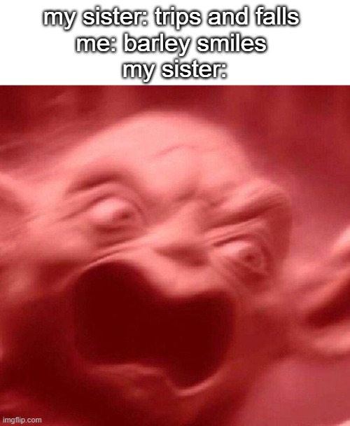 idk y | my sister: trips and falls 
me: barley smiles 
my sister: | image tagged in angry yoda red | made w/ Imgflip meme maker
