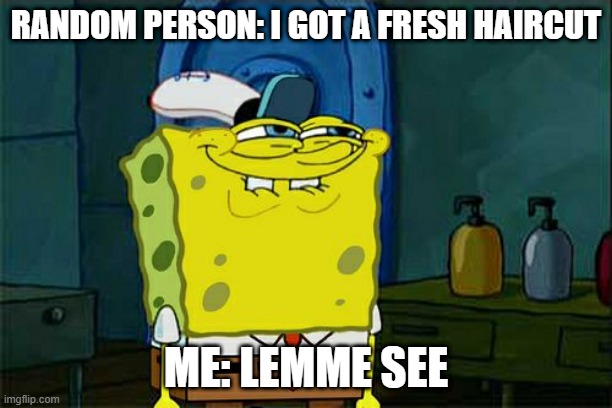 Don't You Squidward | RANDOM PERSON: I GOT A FRESH HAIRCUT; ME: LEMME SEE | image tagged in memes,don't you squidward | made w/ Imgflip meme maker