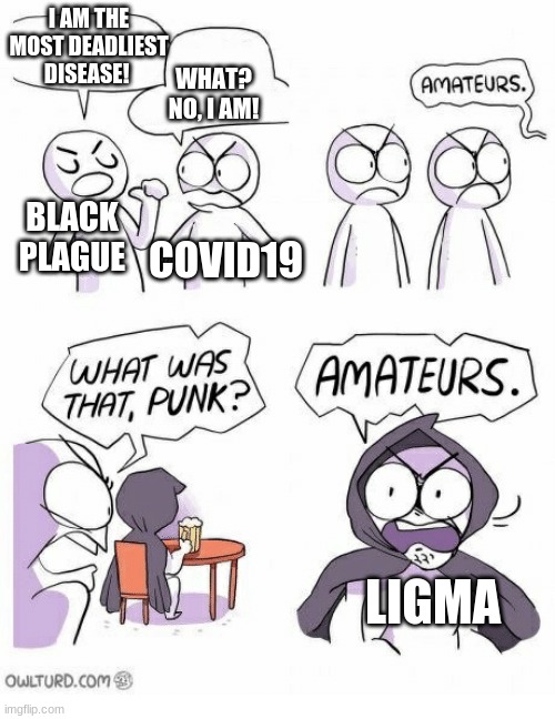 don't even ask what Ligma is | I AM THE MOST DEADLIEST DISEASE! WHAT? NO, I AM! BLACK PLAGUE; COVID19; LIGMA | image tagged in amateurs | made w/ Imgflip meme maker