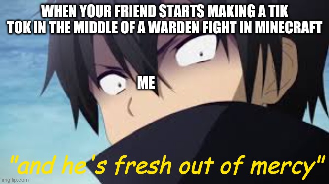 Tiktok bad | WHEN YOUR FRIEND STARTS MAKING A TIK TOK IN THE MIDDLE OF A WARDEN FIGHT IN MINECRAFT; ME; "and he's fresh out of mercy" | image tagged in sao,tiktok,abridged | made w/ Imgflip meme maker