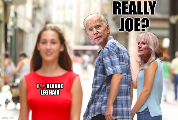 Distracted Joe | REALLY JOE? I ♥️ BLONDE LEG HAIR | image tagged in distracted joe | made w/ Imgflip meme maker