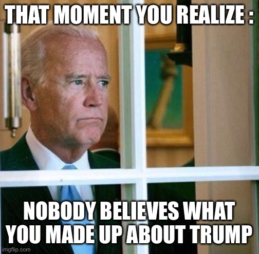 Trump 2020 | THAT MOMENT YOU REALIZE :; NOBODY BELIEVES WHAT YOU MADE UP ABOUT TRUMP | image tagged in sad joe biden | made w/ Imgflip meme maker