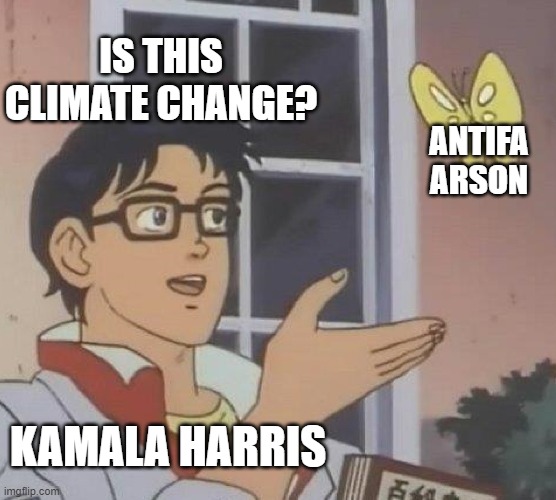 Is This A Pigeon | IS THIS CLIMATE CHANGE? ANTIFA ARSON; KAMALA HARRIS | image tagged in memes,is this a pigeon | made w/ Imgflip meme maker