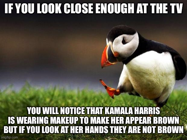 She is Literally Wearing Blackface | IF YOU LOOK CLOSE ENOUGH AT THE TV; YOU WILL NOTICE THAT KAMALA HARRIS IS WEARING MAKEUP TO MAKE HER APPEAR BROWN BUT IF YOU LOOK AT HER HANDS THEY ARE NOT BROWN | image tagged in memes,unpopular opinion puffin | made w/ Imgflip meme maker