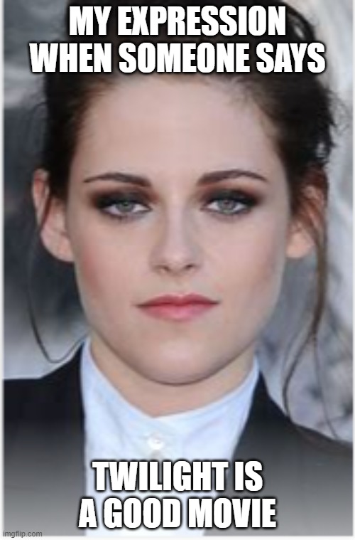 that face | MY EXPRESSION WHEN SOMEONE SAYS; TWILIGHT IS A GOOD MOVIE | image tagged in kristen stewart | made w/ Imgflip meme maker