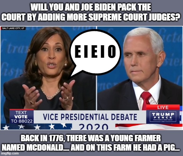 Answer the question Bitch! | WILL YOU AND JOE BIDEN PACK THE COURT BY ADDING MORE SUPREME COURT JUDGES? E I E I O; BACK IN 1776, THERE WAS A YOUNG FARMER NAMED MCDONALD.... AND ON THIS FARM HE HAD A PIG... | image tagged in im gonna bring up the question im not supposed to answer,duuhhh i have a wooden ear piece duuuuhhh,kuntula harris moron | made w/ Imgflip meme maker