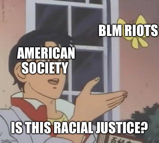 Is This A Pigeon Meme | BLM RIOTS; AMERICAN SOCIETY; IS THIS RACIAL JUSTICE? | image tagged in memes,we live in a society,politics,wake up,reality,oh come on | made w/ Imgflip meme maker