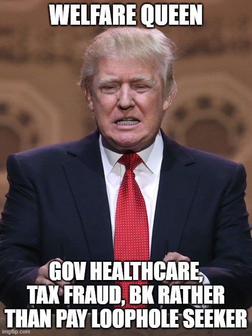 Donald Trump | WELFARE QUEEN; GOV HEALTHCARE, TAX FRAUD, BK RATHER THAN PAY LOOPHOLE SEEKER | image tagged in donald trump,taxes,election 2020,healthcare,welfare | made w/ Imgflip meme maker
