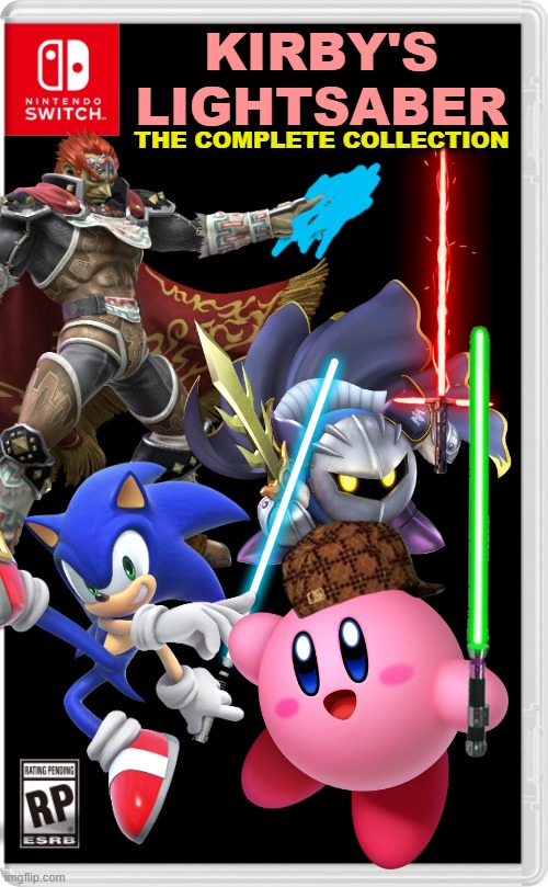 The wait is over.  Play all the games in the Kirby's Lightsaber saga now in this big collection. | KIRBY'S LIGHTSABER; THE COMPLETE COLLECTION | image tagged in nintendo switch cartridge case,kirby,lightsaber,sonic the hedgehog,ganondorf,meta knight | made w/ Imgflip meme maker