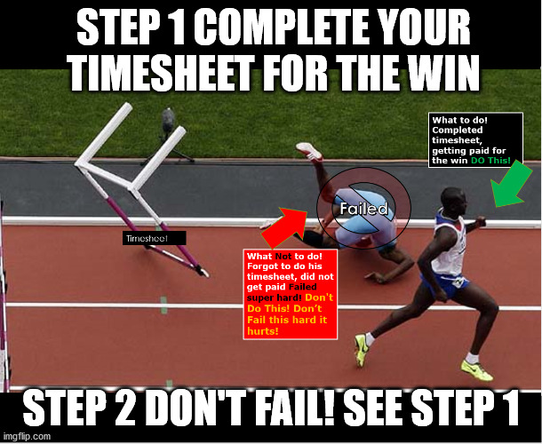 How To Get Paid In 2 Easy Steps | STEP 1 COMPLETE YOUR TIMESHEET FOR THE WIN; STEP 2 DON'T FAIL! SEE STEP 1 | image tagged in timesheet meme,timesheet reminder,task failed successfully,winning | made w/ Imgflip meme maker