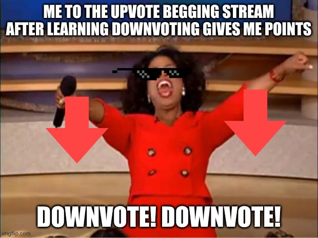 Want to join me downvoting the upvote begging stream? | ME TO THE UPVOTE BEGGING STREAM AFTER LEARNING DOWNVOTING GIVES ME POINTS; DOWNVOTE! DOWNVOTE! | image tagged in memes,oprah you get a,downvotes | made w/ Imgflip meme maker