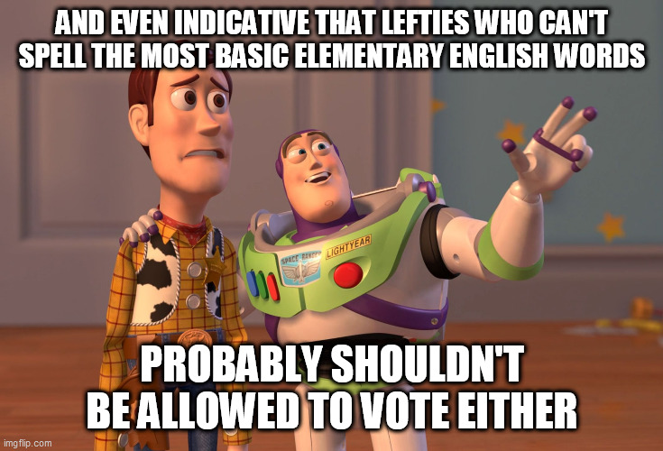 X, X Everywhere Meme | AND EVEN INDICATIVE THAT LEFTIES WHO CAN'T SPELL THE MOST BASIC ELEMENTARY ENGLISH WORDS PROBABLY SHOULDN'T BE ALLOWED TO VOTE EITHER | image tagged in memes,x x everywhere | made w/ Imgflip meme maker