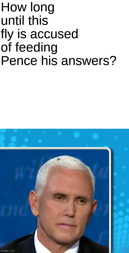I posted this during the debate but accidentally called him 'Biden'...forgive me for my blithe stupidity. | How long until this fly is accused of feeding Pence his answers? | image tagged in blank | made w/ Imgflip meme maker