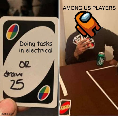 UNO Draw 25 Cards | AMONG US PLAYERS; Doing tasks in electrical | image tagged in memes,uno draw 25 cards | made w/ Imgflip meme maker