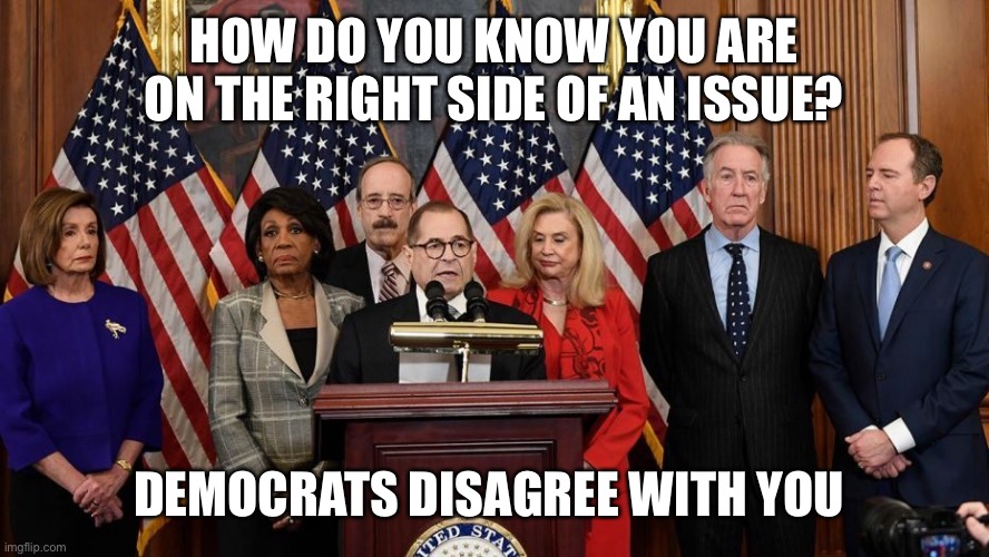 Democrats against America | HOW DO YOU KNOW YOU ARE ON THE RIGHT SIDE OF AN ISSUE? DEMOCRATS DISAGREE WITH YOU | image tagged in house democrats,democrats,loser | made w/ Imgflip meme maker