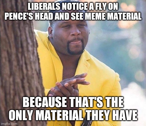 liberal meme material | LIBERALS NOTICE A FLY ON PENCE'S HEAD AND SEE MEME MATERIAL; BECAUSE THAT'S THE ONLY MATERIAL THEY HAVE | image tagged in yellow jacket man excited | made w/ Imgflip meme maker