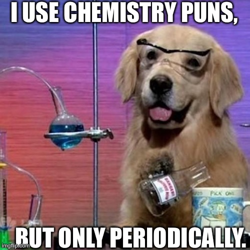 I Have No Idea What I Am Doing Dog | I USE CHEMISTRY PUNS, BUT ONLY PERIODICALLY. | image tagged in memes,i have no idea what i am doing dog | made w/ Imgflip meme maker