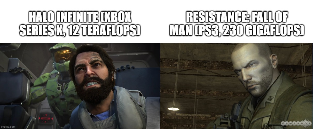 Halo Infinite VS Resistance: Fall Of Man (Xbox Series X VS PS3) | HALO INFINITE (XBOX SERIES X, 12 TERAFLOPS); RESISTANCE: FALL OF MAN (PS3, 230 GIGAFLOPS) | image tagged in halo,resistance,xbox,playstation,comparison | made w/ Imgflip meme maker