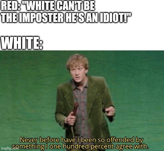 Never before have I been so offended by something I one hundred | RED: "WHITE CAN'T BE THE IMPOSTER HE'S AN IDIOT!"; WHITE: | image tagged in never before have i been so offended by something i one hundred | made w/ Imgflip meme maker
