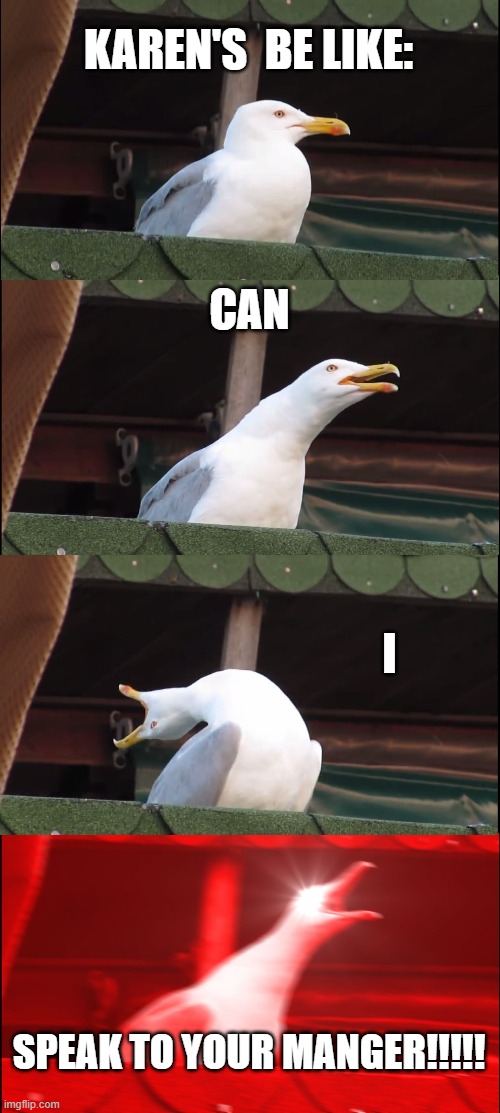 Inhaling Seagull | KAREN'S  BE LIKE:; CAN; I; SPEAK TO YOUR MANGER!!!!! | image tagged in memes,inhaling seagull | made w/ Imgflip meme maker