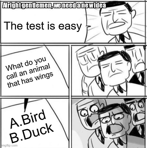 -o- | The test is easy; What do you call an animal that has wings; A.Bird
B.Duck | image tagged in memes,alright gentlemen we need a new idea | made w/ Imgflip meme maker