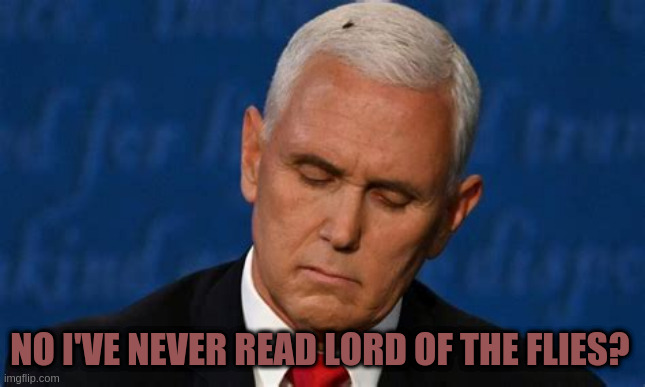 Pence fly | NO I'VE NEVER READ LORD OF THE FLIES? | image tagged in mike pence | made w/ Imgflip meme maker