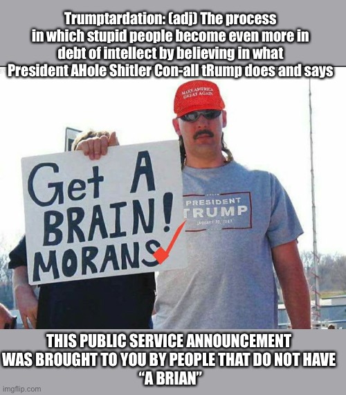 Trumptardation | Trumptardation: (adj) The process in which stupid people become even more in debt of intellect by believing in what President AHole Shitler Con-all tRump does and says; THIS PUBLIC SERVICE ANNOUNCEMENT 
WAS BROUGHT TO YOU BY PEOPLE THAT DO NOT HAVE 
“A BRIAN” | image tagged in trump supporter,trumptard,trumpanzee | made w/ Imgflip meme maker