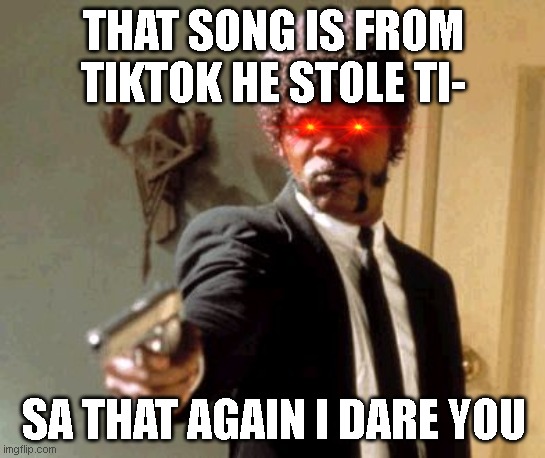 They stole it from TikTo- *bang* | THAT SONG IS FROM TIKTOK HE STOLE TI-; SA THAT AGAIN I DARE YOU | image tagged in memes,say that again i dare you | made w/ Imgflip meme maker