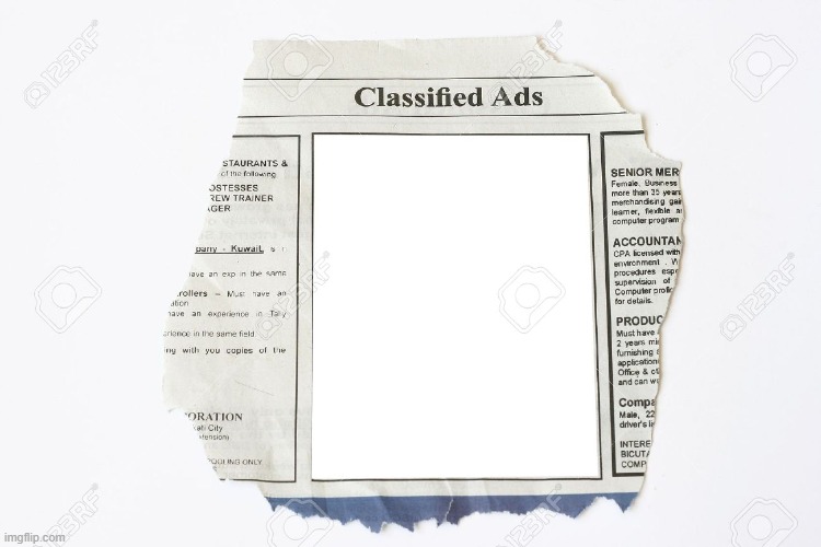 just a blank thing i accidentally made hope it gets any views i guess | image tagged in classified ads,blank meme,memes | made w/ Imgflip meme maker
