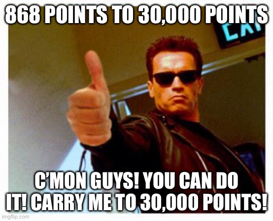 YOU CAN DO IT! | 868 POINTS TO 30,000 POINTS; C’MON GUYS! YOU CAN DO IT! CARRY ME TO 30,000 POINTS! | image tagged in terminator thumbs up | made w/ Imgflip meme maker