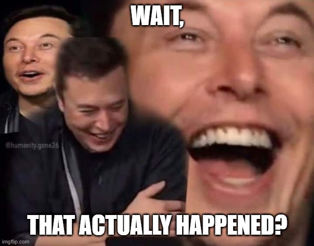 Laughing Elon | WAIT, THAT ACTUALLY HAPPENED? | image tagged in laughing elon | made w/ Imgflip meme maker