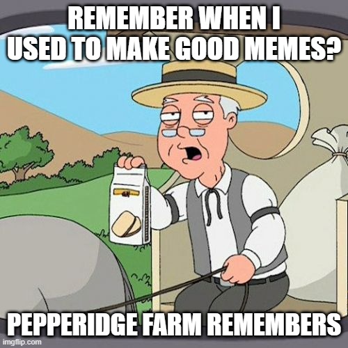 ow 4 | REMEMBER WHEN I USED TO MAKE GOOD MEMES? PEPPERIDGE FARM REMEMBERS | image tagged in memes,pepperidge farm remembers,ow,i remember,lmao,stop reading the tags | made w/ Imgflip meme maker